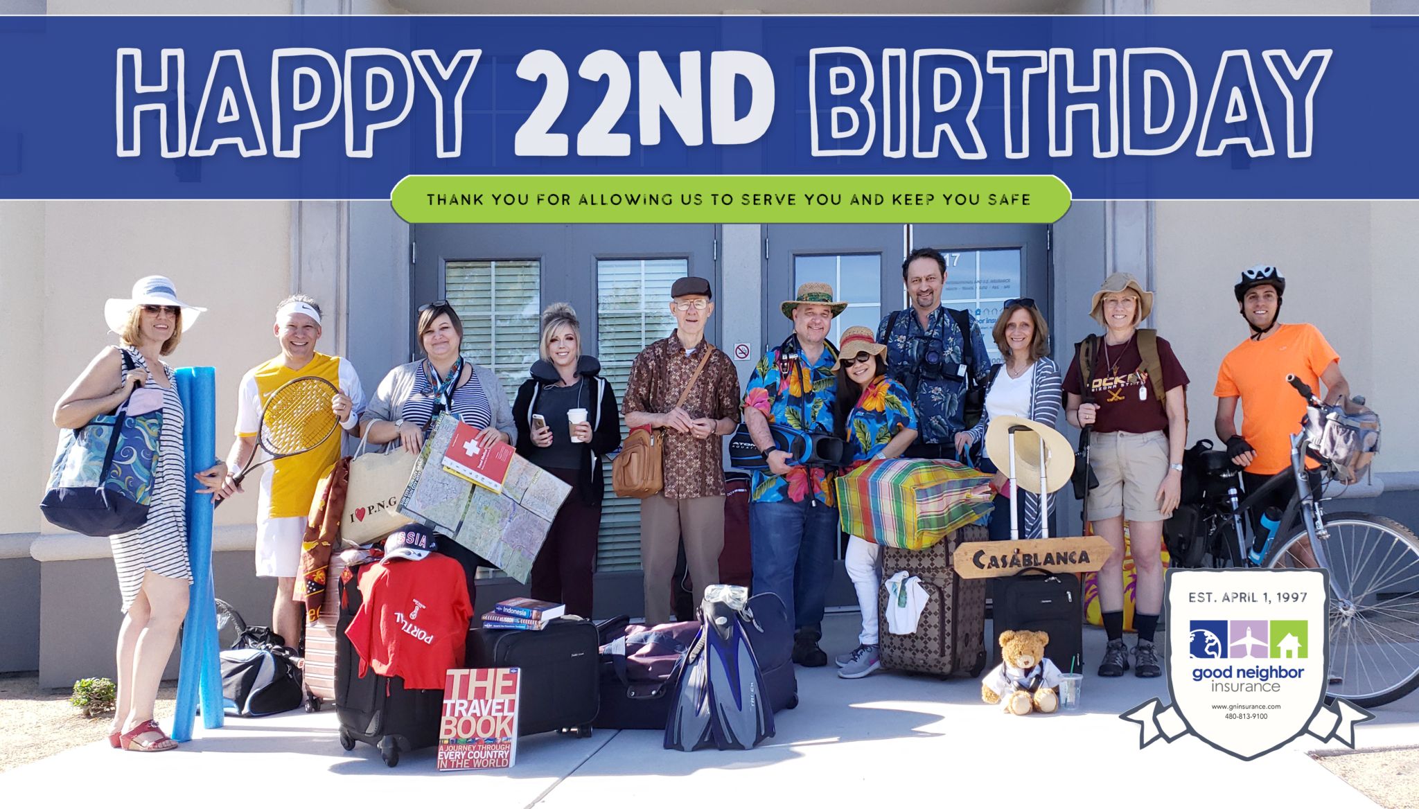 GNI staff picture celebrating our 22nd year in the travel insurance business and as an international health insurance broker