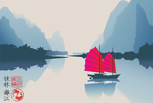 Mobile illustration of Chinese boat on Li River in China for Good Neighbor Insurance - Travel Insurance and international health insurance