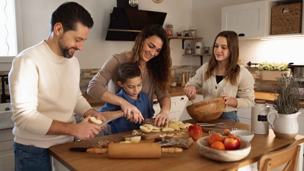 A family cooking together in their kitchen.